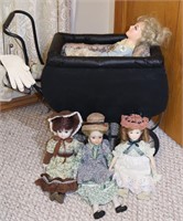 Antique Style Doll Buggy w Vtg. Porcelain Dolls -