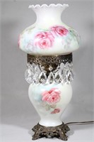 Hand Painted Roses Hurricane Table Lamp w/Crystals