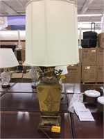 Lamp, brass plate, applied Oriental motif.