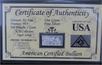 USA One Gram Fine Silver 99.9 Certified Bullion