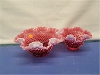 2 Fenton Cranberry Hobnail Bowls W/ Ruffled Egde