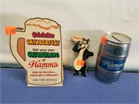 Hamm's Can Bank, 2-sided Cardboard Sign & Bear