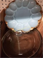 BOX W/BLUE MILK GLASS EGG SERVER + CASSEROLE DISH
