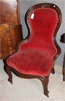 MAHOGANY PARLOR CHAIR W/ CARVED CREST & RED