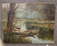 LATE 19TH C. OIL ON CANVAS SCENE OF 2 ROWBOATS