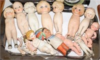 TRAY LOT OF OLD BISQUE DOLLS & DOLL PARTS