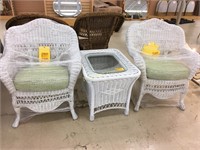 3 piece wicker set, 2 chairs, 1 glass top table