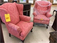 Pair wingback chairs, coral upholstery. As Is