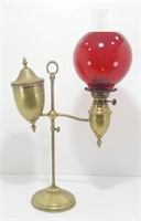 * Antique Brass Oil Student Lamp w/ Red Glass