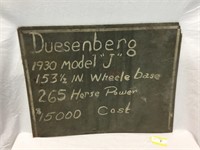 Original Display sign for Duesenberg 1930 Model J