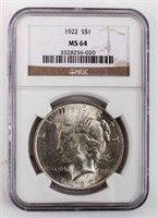 Coin 1922-P Peace Silver Dollar NGC MS64