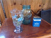 Blue Ball Jar, Glass Cup, Vintage Spice Can