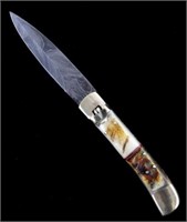 German Damascus Lever Lock Switchblade Knife