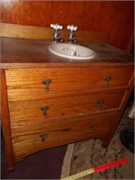 Antique Solid Oak Sink Vanity & Accs