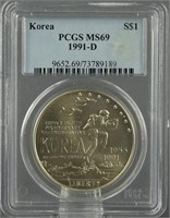 1991-D Korea War Silver Dollar PCGS MS 69