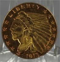 1913 Gold Indian Head $2 1/2 Quarter Eagle Coin