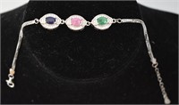 Sterling Silver Ruby Saphire Emerald Bracelet