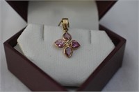 14kt Gold Pendant & Pink Saphires & 2 Diamonds