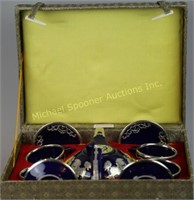 CHINESE COBALT AND SILVER OVERLAY TEA SET IN BOX