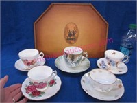 "tea time tray" - 5 cups & saucers (england)