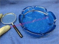 1960's heavy blue ashtray & nice magnifying glass