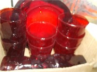 MORGANTOWN RUBY RED CRINKLE GLASS TUMBLERS, PLATES