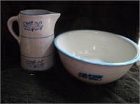 ANTIQUE STONEWARE MIXING BOWL, BLUE WHITE PITCHER