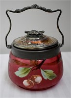 Victorian Handpainted Cranberry Biscuit Barrel