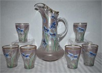 Victorian Enamelled Blue Iris Pitcher & 6 Glasses