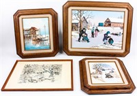 Art Lot of 4  Oil Painting / Etching / Print
