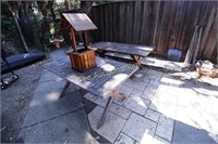 Pair of wood tables with decorative Wishing Well