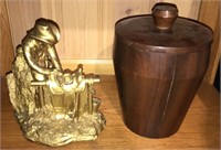 Wooden Ice Bucket & Gold Statue