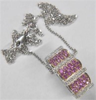 14K WHITE GOLD PINK SAPPHIRE AND DIAMOND PENDANT.