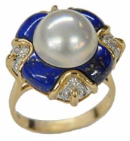 14K GOLD LARGE PEARL, LAPIS AND DIAMOND RING.