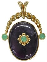 18K GOLD AMETHYST AND GREEN STONE PENDANT.