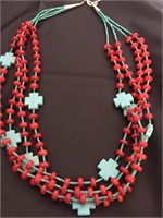 Antique Mexican Turquoise & Red Beaded Necklace