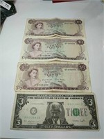 Paper currency Bahamas and Novelty Bill Clinton $3