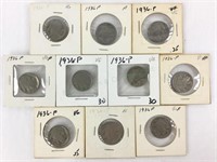 (10) 1936 Indian Head Buffalo Nickels