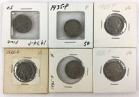 (6) 1934-35 Indian Head Buffalo Nickels