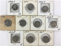(10) 1936-37 Indian Head Buffalo Nickels