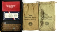 Assorted Pennies, First National Bank Canvas Bags,