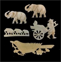 (5) Carved Bone Elephants, Bird, Rickshaw