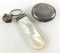 Sterling Pill Box, Sterling Mother Of Pearl Rattle