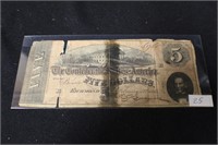 1864 Civil War Confederate 5 Dollar Note