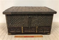 UNIQUE WOODEN TREASURE TRUNK WITH BRASS ACCENTS