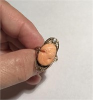 14K GOLD ANTIQUE SETTING W/ CARVED CORAL CAMEO