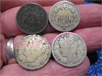 2 old shield nickels & 2 old v-nickels (4 total)