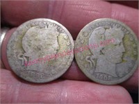 1898 & 1908 barber silver quarters (2 total)