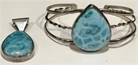 TURQUOISE BRACLET AND PENDANT SET IN STERLING