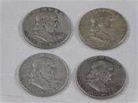 Four Franklin half dollars, 1957 - 1959 - 1963 -